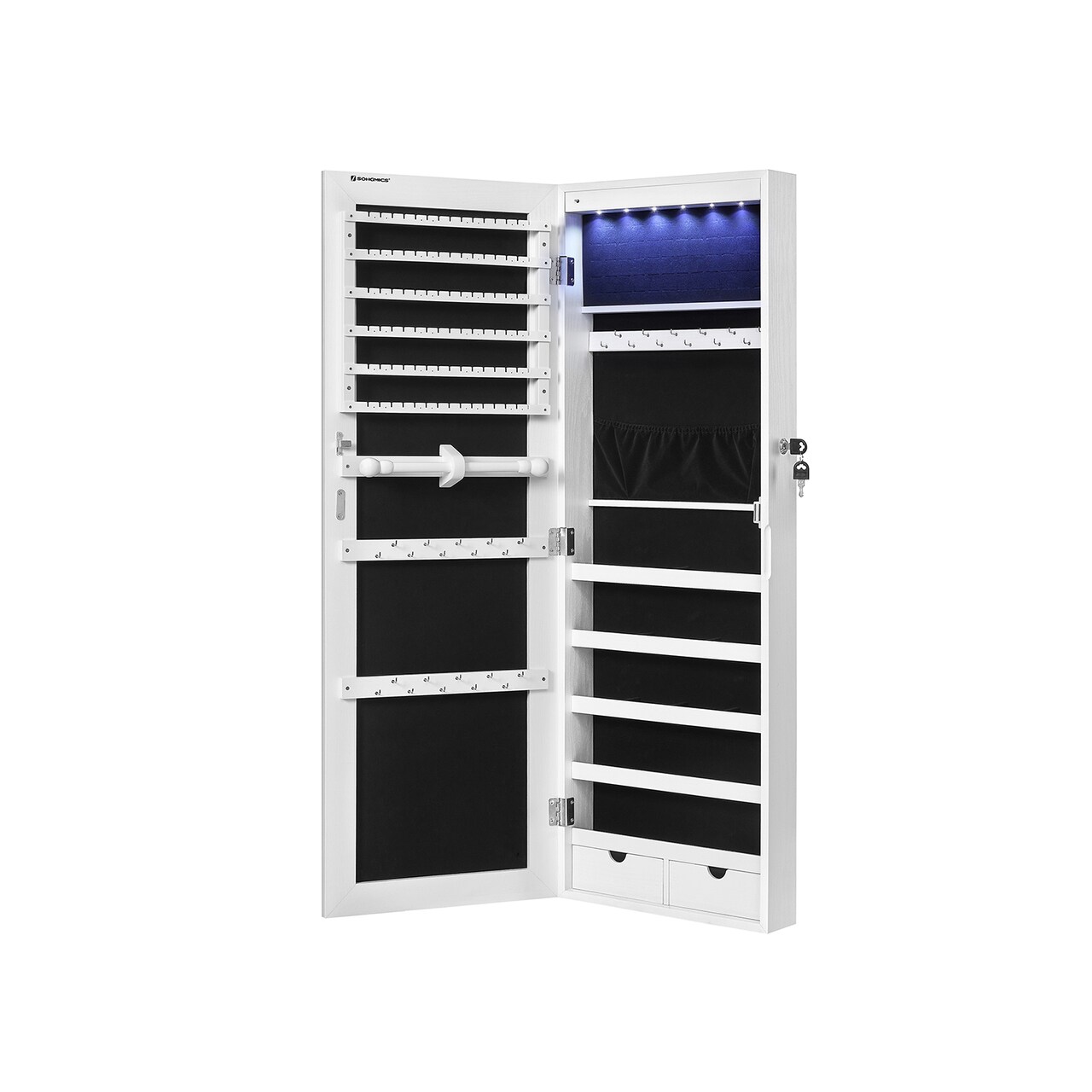 Wall-Mounted Jewelry Cabinet with Full-Length Frameless Mirror, Lockable Storage Organizer with LED Lights for Jewelry, Accessories, and Daily Use (Home & Bedroom Storage)